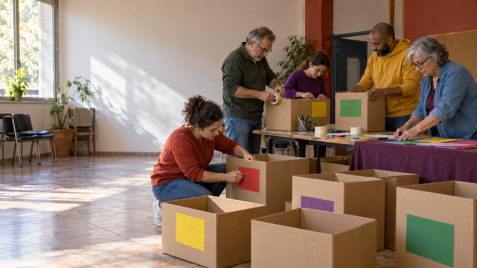Voluntariado preparando cajas vacías antes del comienzo de una campaña solidaria